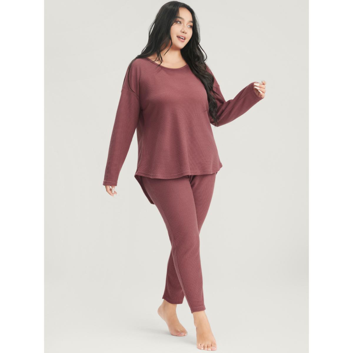 Plus Size Solid Asymmetrical Hem Waffle Knit Pajama Set Women Russet Plain Elastic Waist Long Sleeve Round Neck Casual Loungewear Sets BloomChic 28/5X Product Image