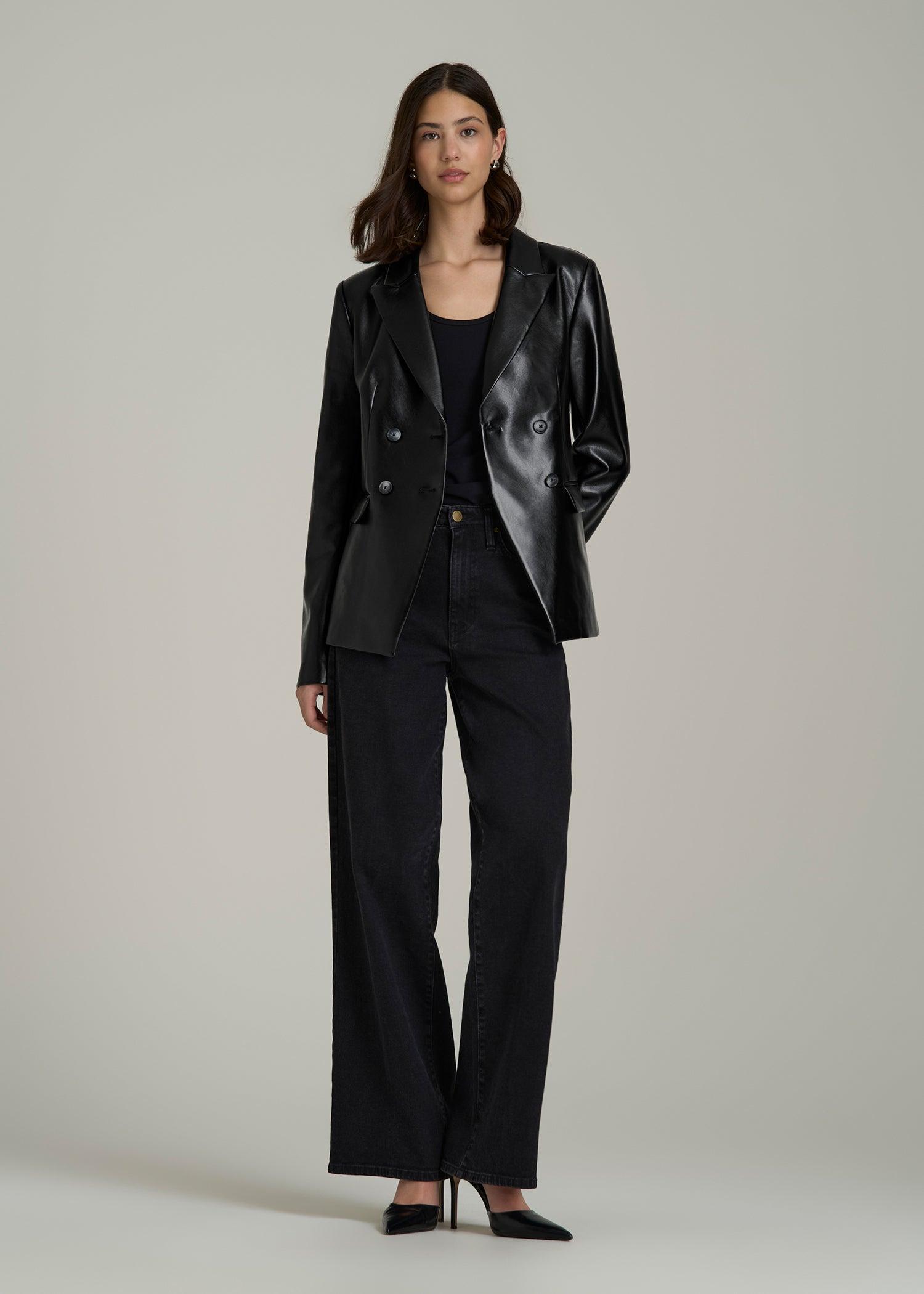 Faux Leather Double Breasted Blazer for Tall Women in Black Product Image