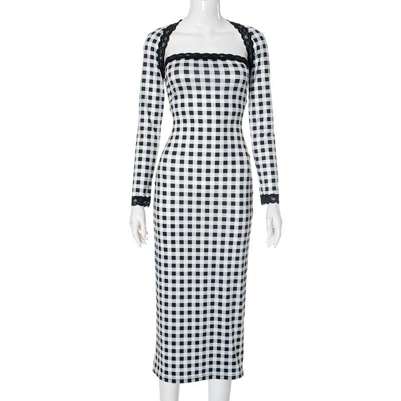 Long-Sleeve Queen Anne Neckline Plaid Maxi Sheath Dress Product Image