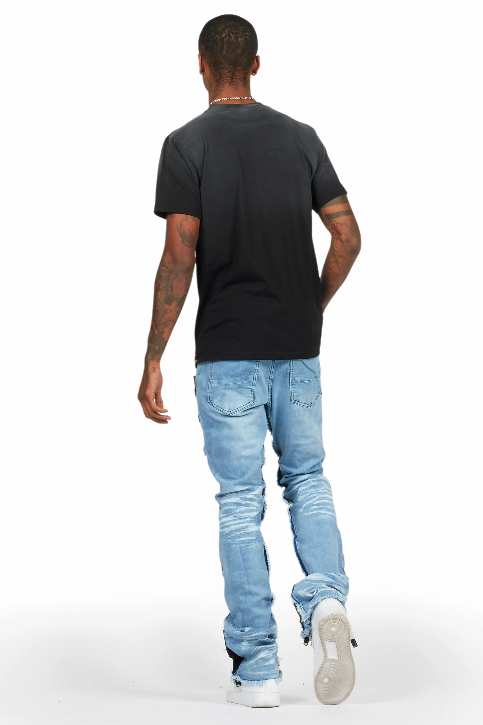 Helios Blue Patchwork Stacked Flare Jean Male Product Image