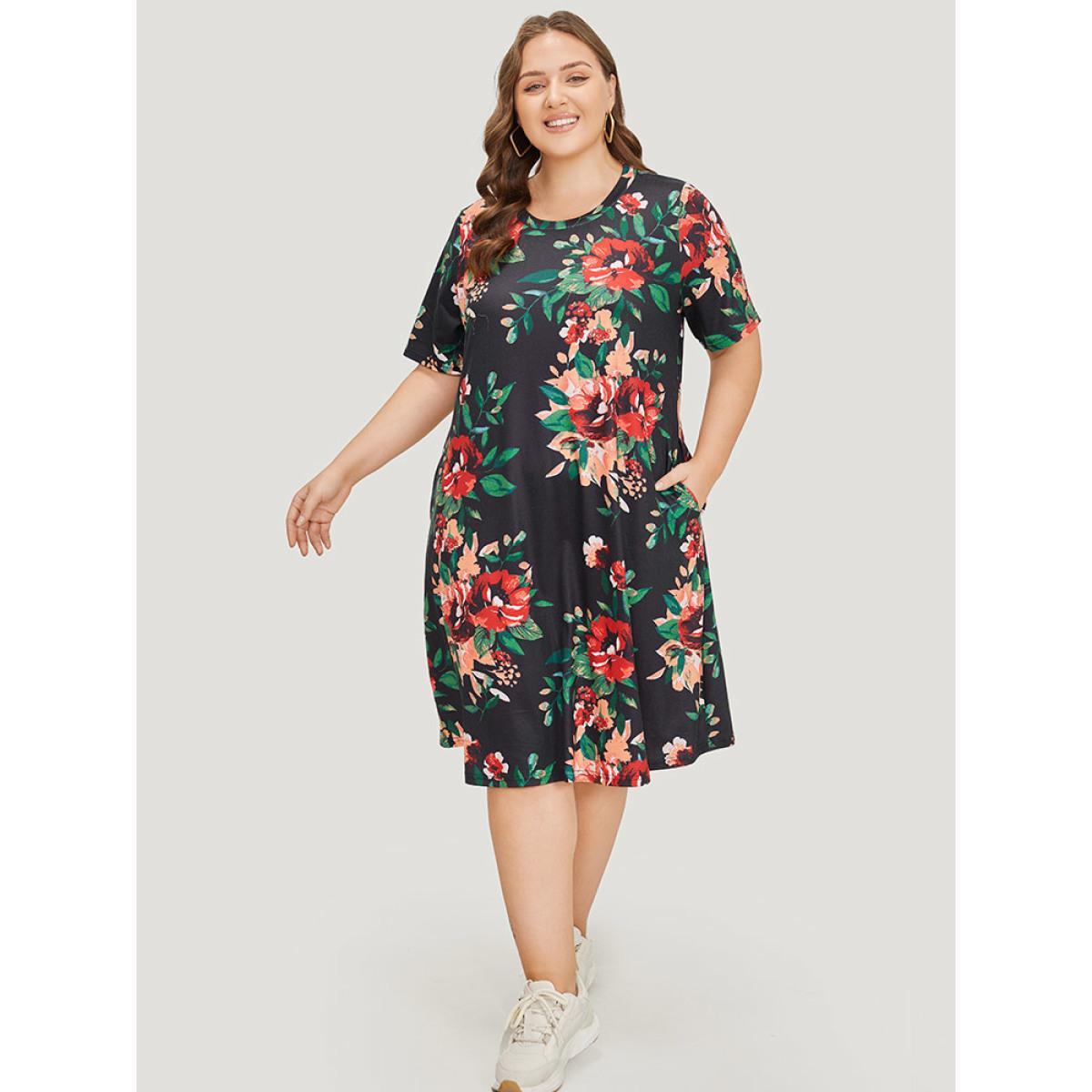 Plus Size Floral Print Pocket Midi Dress Black Women Casual Pocket Round Neck Short sleeve Curvy Midi Dress BloomChic 12/L Product Image