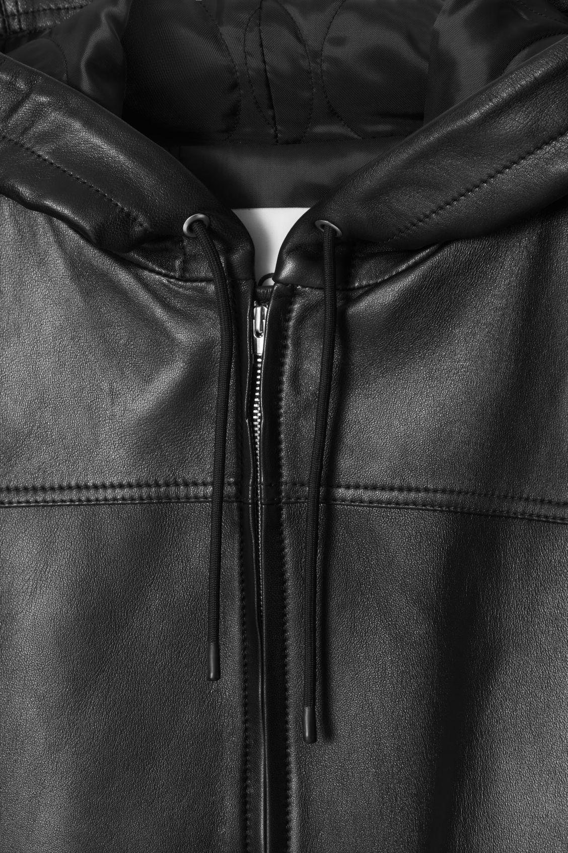 HOODED LEATHER BOMBER JACKET Product Image