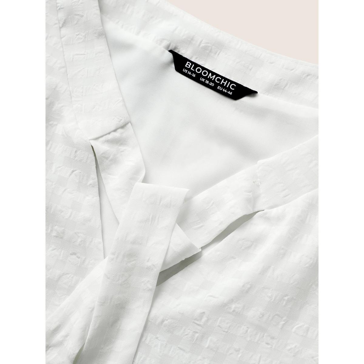 Plus Size Ivory Solid Textured Chiffon Mesh Tie Neck Blouse Women At the Office Short sleeve Ribbon-tied collar Work Blouses BloomChic 10/M Product Image