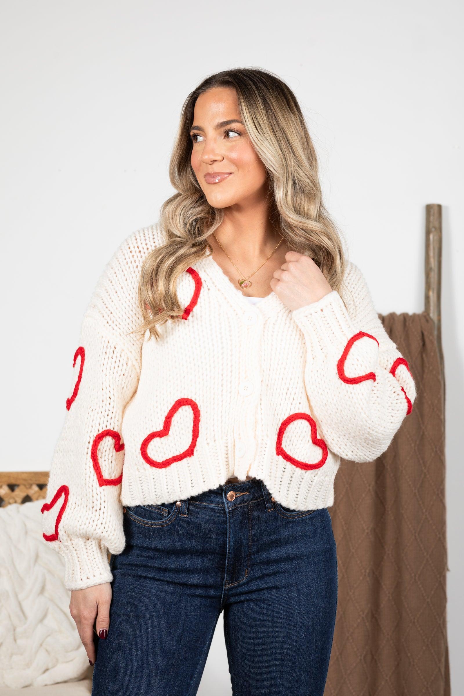 Button Up Cardigan With Embroidered Hearts Product Image