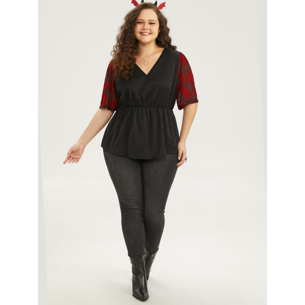 Plus Size Black Halloween Spider Web Mesh Patchwork Elastic Waist Blouse Women Office Short sleeve V-neck Festival-Halloween Blouses BloomChic 26/4X Product Image