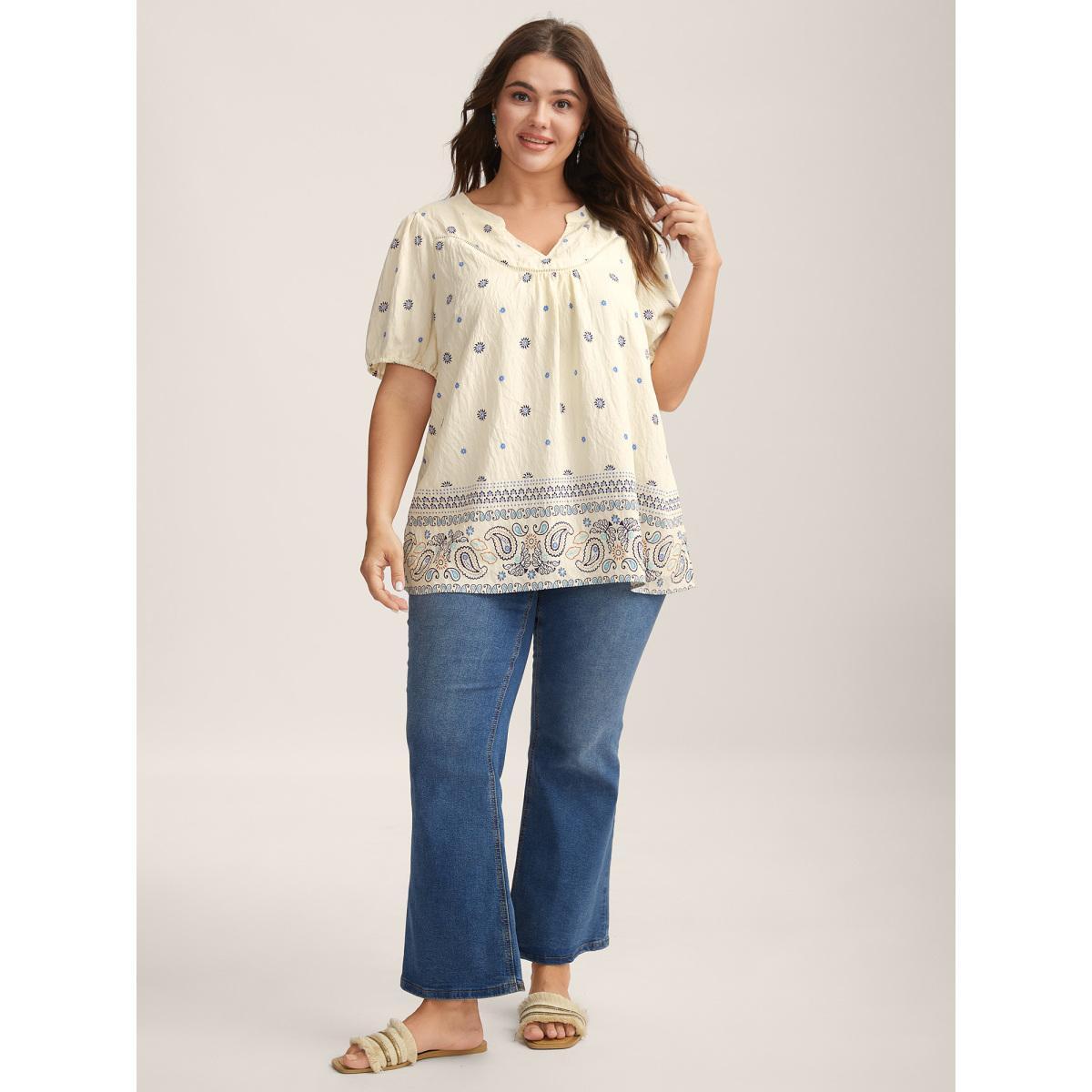 Plus Size LightBlue Boho Print Notched Collar Blouse Women Short sleeve Flat collar with V-notch Vacation Blouses BloomChic 26/4X Product Image