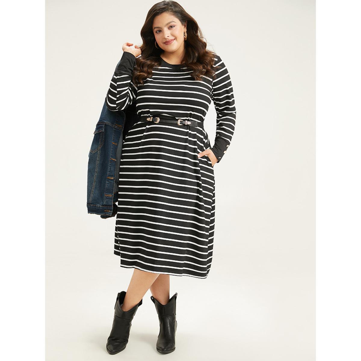 Plus Size Rib Knit Striped Button Detail Patchwork Dress Black Women Casual Printed Round Neck Long Sleeve Curvy Midi Dress BloomChic 18-20/2X Product Image