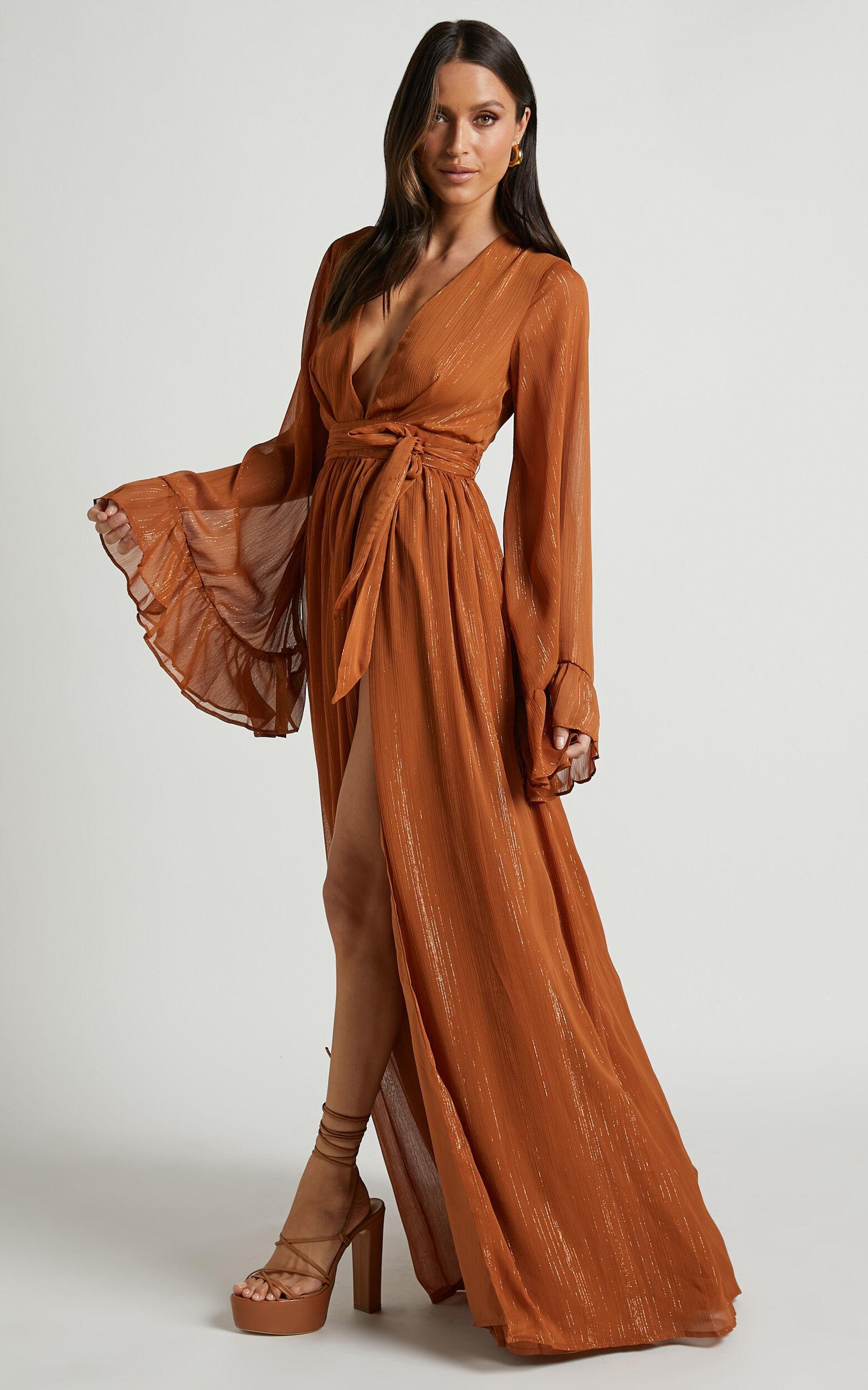 Dangerous Woman Maxi Dress - Plunge Thigh Split Dress in Rust Product Image