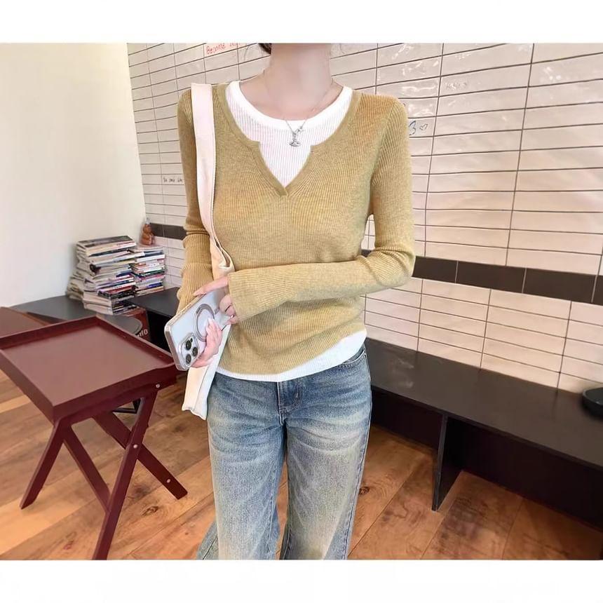 Mock Two-Piece Long-Sleeve Round Neck Two Tone Ribbed Knit Top Product Image