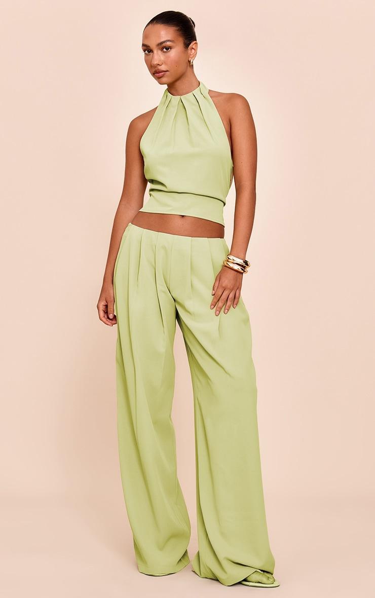 Pale Lime Woven Pleated Low Rise Wide Leg Pants Product Image