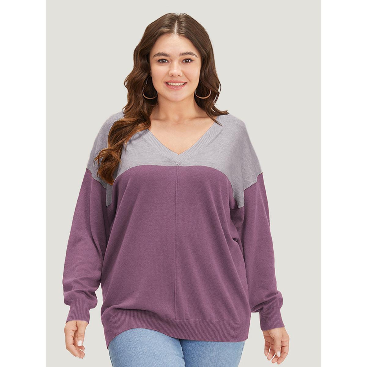 Plus Size Supersoft Essentials Colorblock Two Tone Patchwork V Neck Pullover Mauve Women Casual Loose Long Sleeve V-neck Dailywear Pullovers BloomChic 14-16/1X Product Image