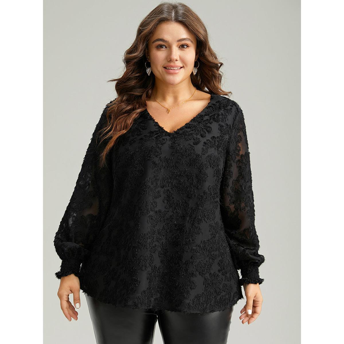 Plus Size Black Plain Appliques Mesh V Neck Shirred Blouse Women Glamour Long Sleeve V-neck Festival-Christmas Blouses BloomChic 28/5X Product Image
