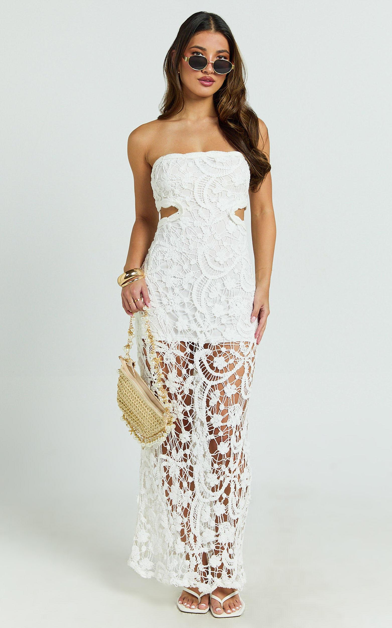 Heather Maxi Dress - Square Neck Strappy Fitted Crochet Column Dress in White Product Image
