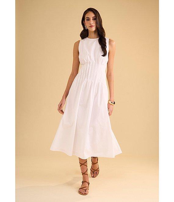 1. STATE Poplin Crew Neckline Sleeveless Pintuck Midi Fit And Flare Dress Product Image