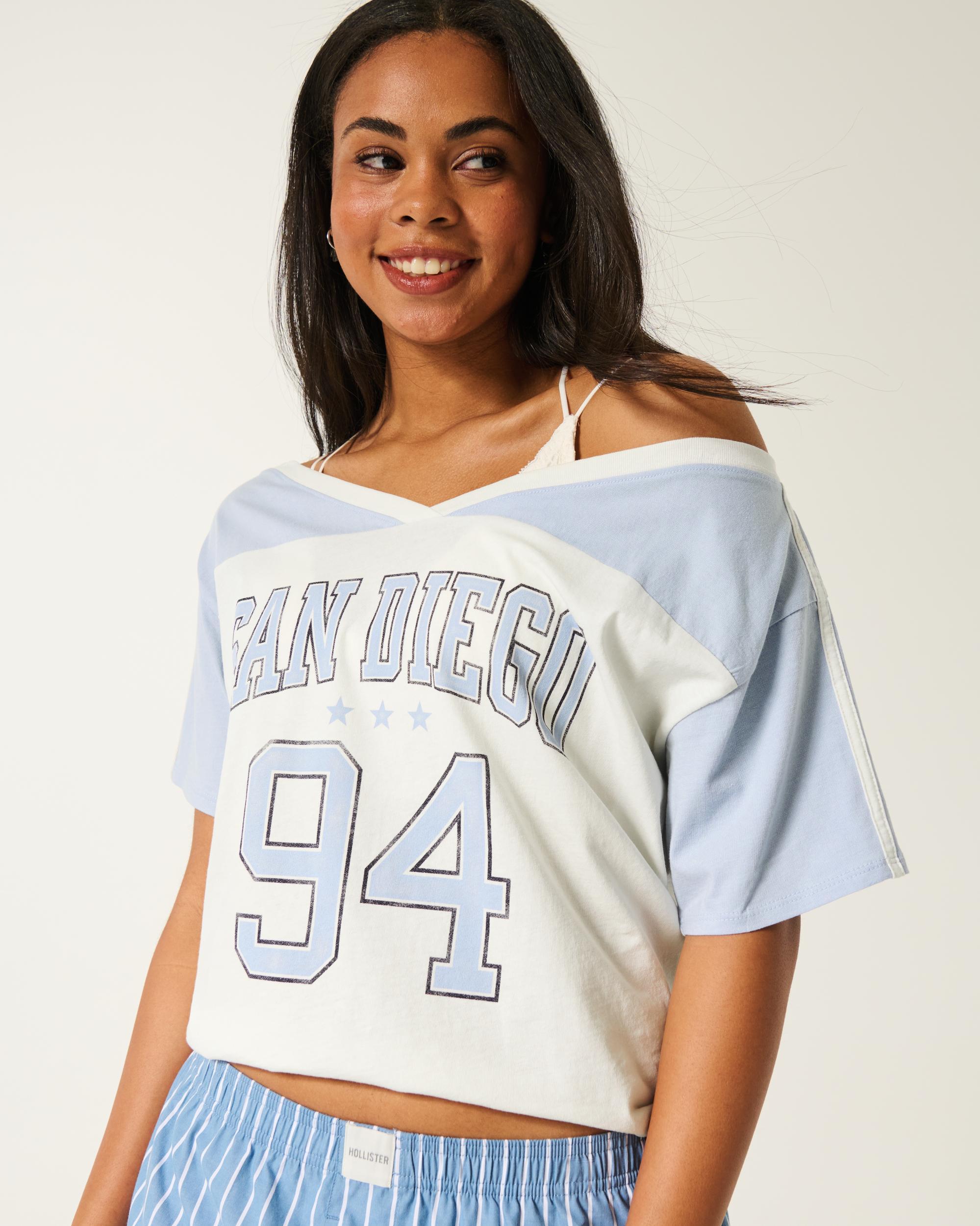 Oversized Off-the-Shoulder Varsity Floral Graphic Tee Product Image