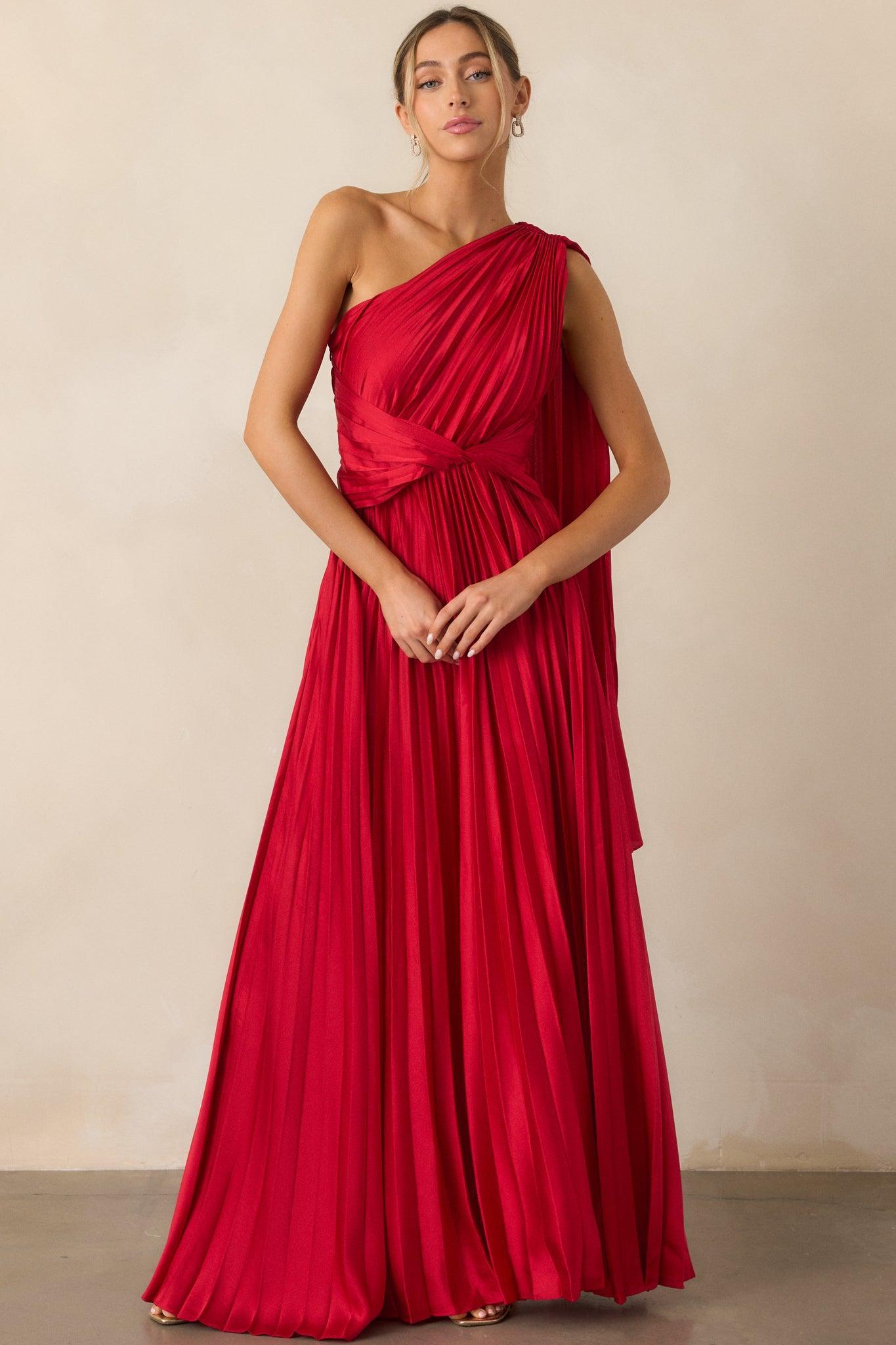The One I Adore Red One Shoulder Pleated Maxi Dress Product Image