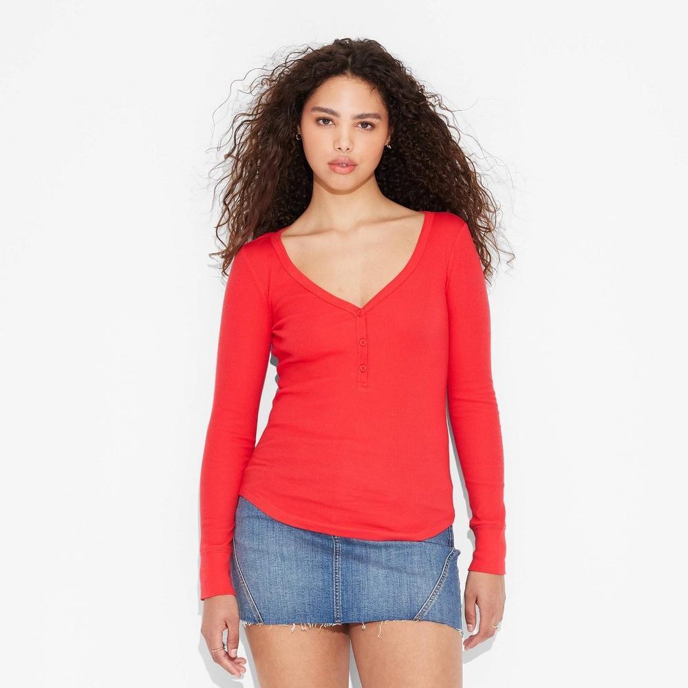 Women's Long Sleeve Henley T-Shirt - Wild Fable™ Cherry Red XXS: Casual Pullover, Lightweight Rib Fabric Product Image