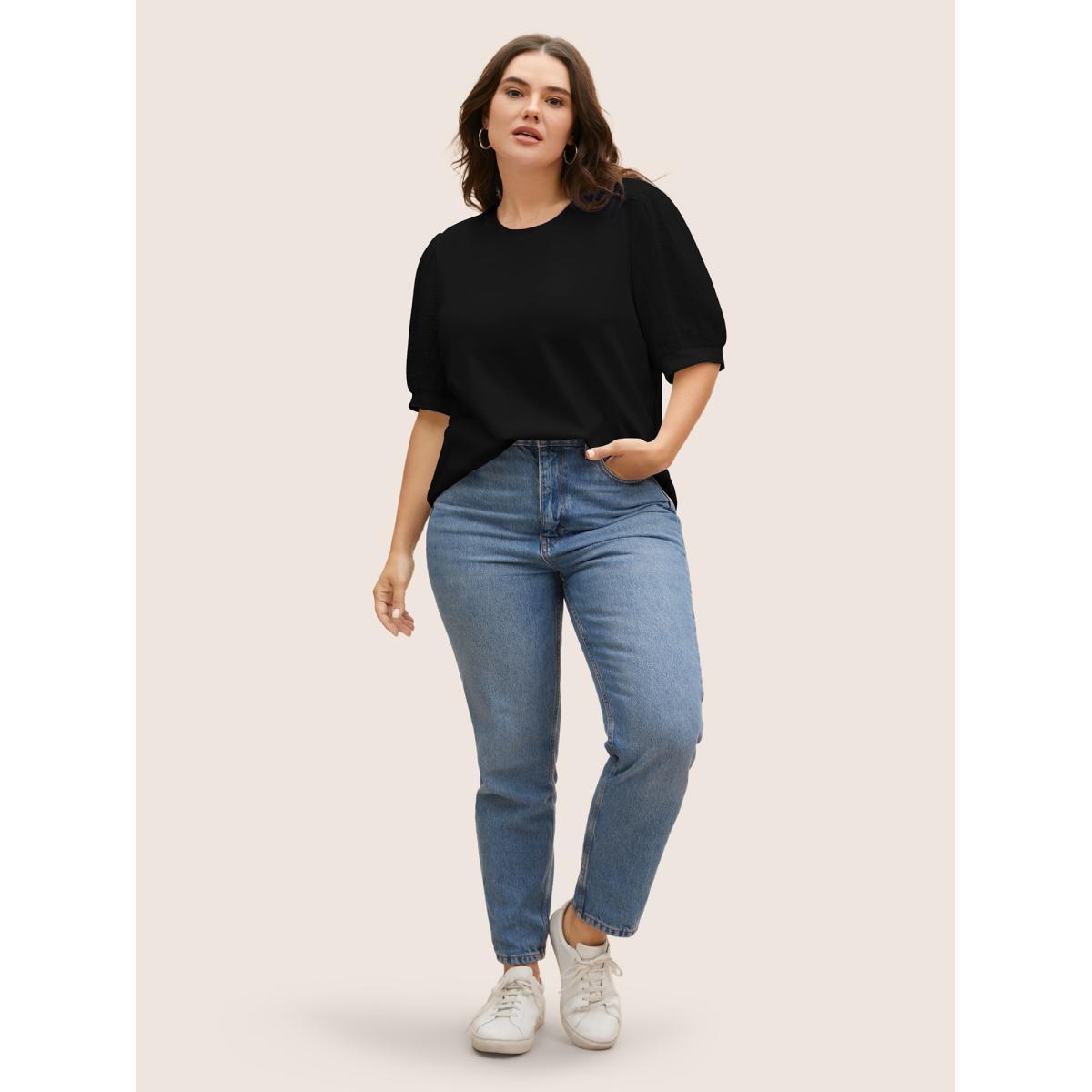 Plus Size Plain Textured Patchwork Lantern Sleeve T-Shirt Black Women Casual Texture Round Neck Everyday T-shirts BloomChic 30/6X Product Image