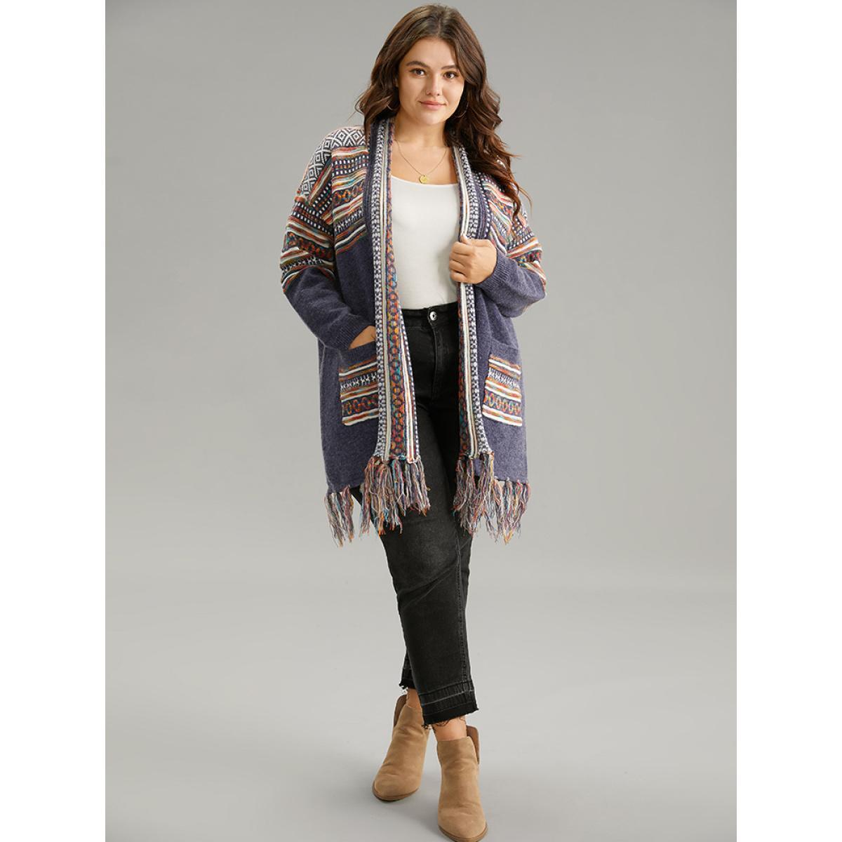 Plus Size Supersoft Essentials Bandana Tassel Trim Cardigan Indigo Women Casual Loose Long Sleeve Everyday Cardigans BloomChic 28/5X Product Image