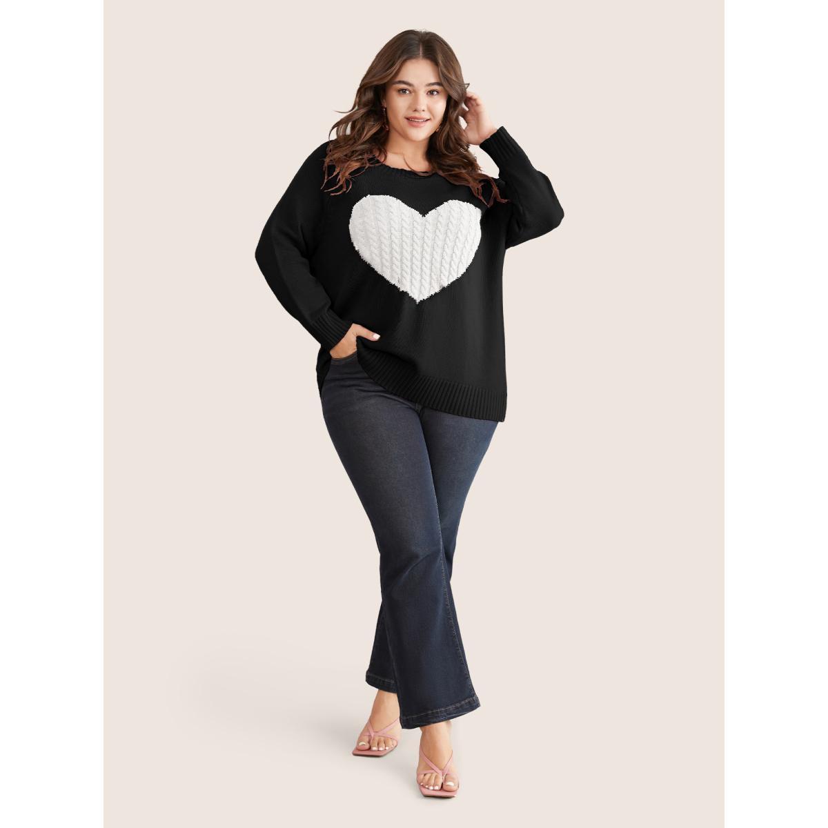 Plus Size Heart Cable Knit Two Tone Raglan Sleeve Pullover Black Women Casual Long Sleeve Round Neck Everyday Pullovers BloomChic 12/L Product Image