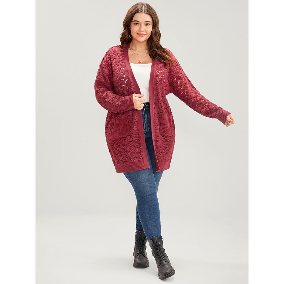 Plus Size Plain Pointelle Knit Cut Out Pocket Open Front Mid Long Cardigan Burgundy Women Casual Loose Long Sleeve Dailywear Cardigans BloomChic 10/M Product Image