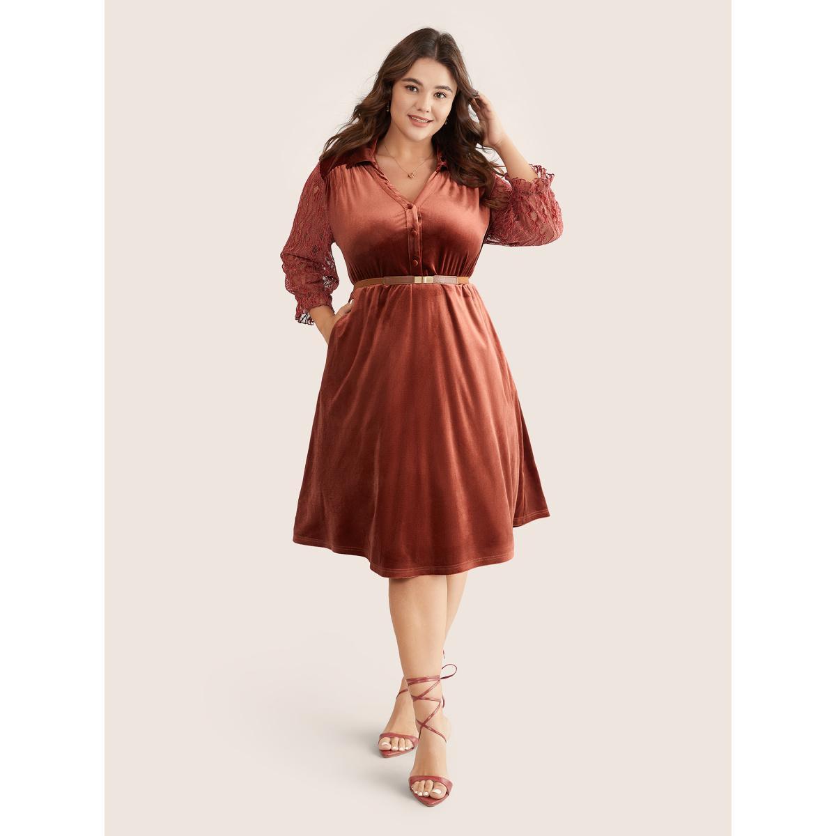 Plus Size Velvet Solid Guipure Lace Flutter Sleeve Dress Russet Women Elegant Velvet Lapel Collar Long Sleeve Curvy Midi Dress BloomChic 28/5X Product Image