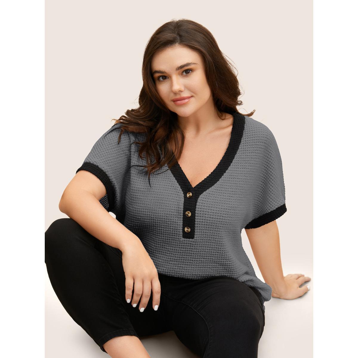 Plus Size V Neck Contrast Button Detail Knit T-shirt DimGray Women Casual Texture V-neck Everyday T-shirts BloomChic 10/M Product Image