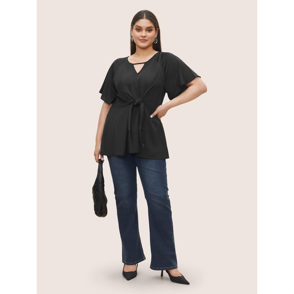 Plus Size Black Plain Keyhole Knotted Front Ruffle Sleeve Blouse Women Work From Home Short sleeve Round Neck Work Blouses BloomChic 10/M Product Image