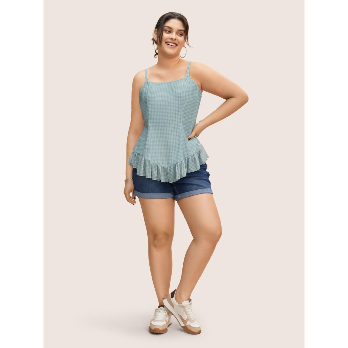 Plus Size Gingham Adjustable Straps Ruffle Trim Cami Top Women Mint Casual Gathered Non Everyday Tank Tops Camis BloomChic 26/4X Product Image