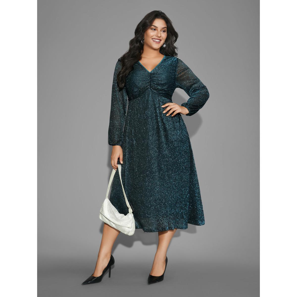 Plus Size Luxe V Neck Ruched Mesh Dress Aegean Women Cocktail Gathered Party Curvy Bloomchic 18-20/2X Product Image