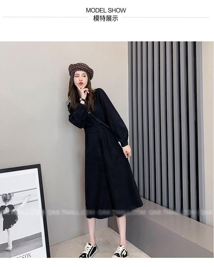 Puff-Sleeve V-Neck Plain Button-Up Midi A-Line Dress Product Image