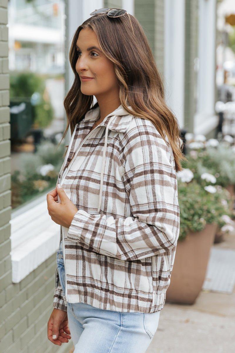 Brown Plaid Hooded Zip Up Jacket - FINAL SALE Product Image