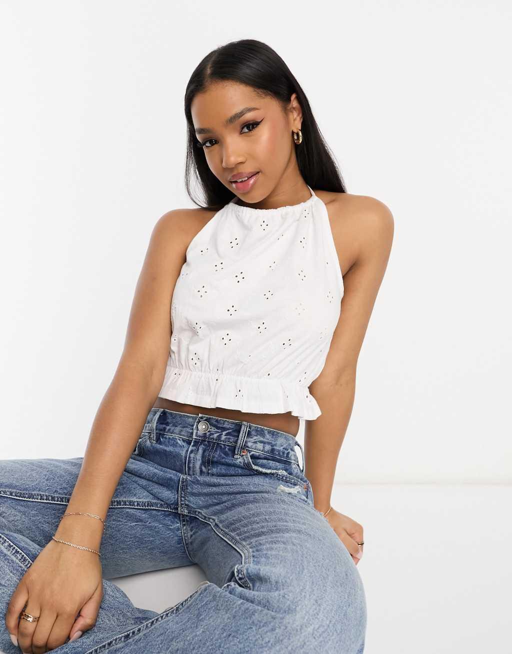 ASOS DESIGN eyelet halter neck cropped top Product Image