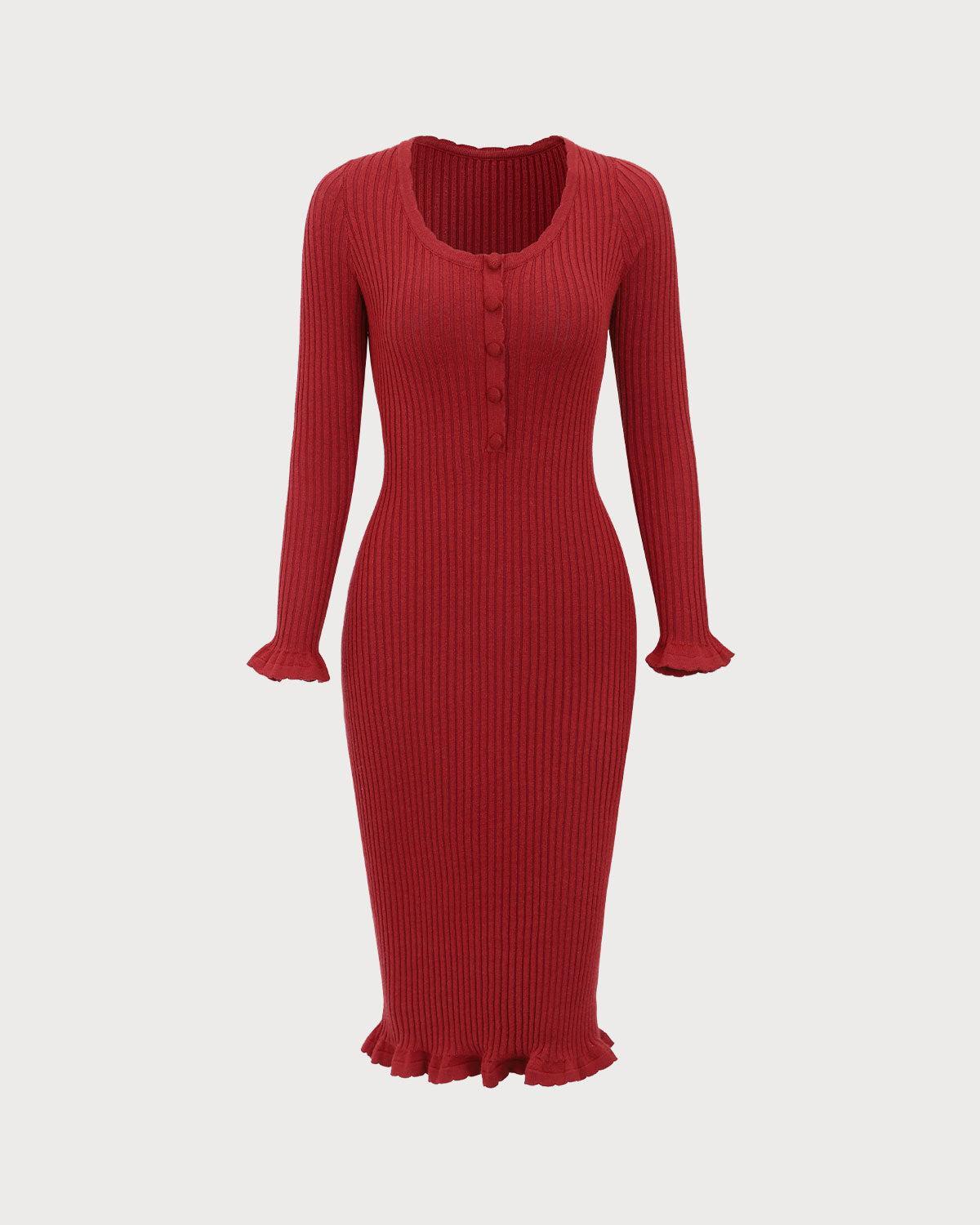 Red Bodycon Bell Sleeve Sweater Dress Product Image