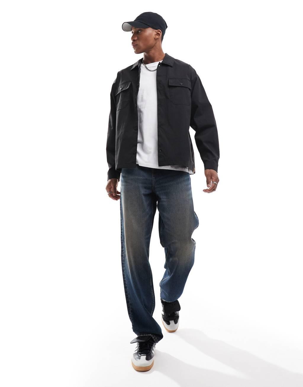Jack & Jones oversized nylon overshirt in black Product Image