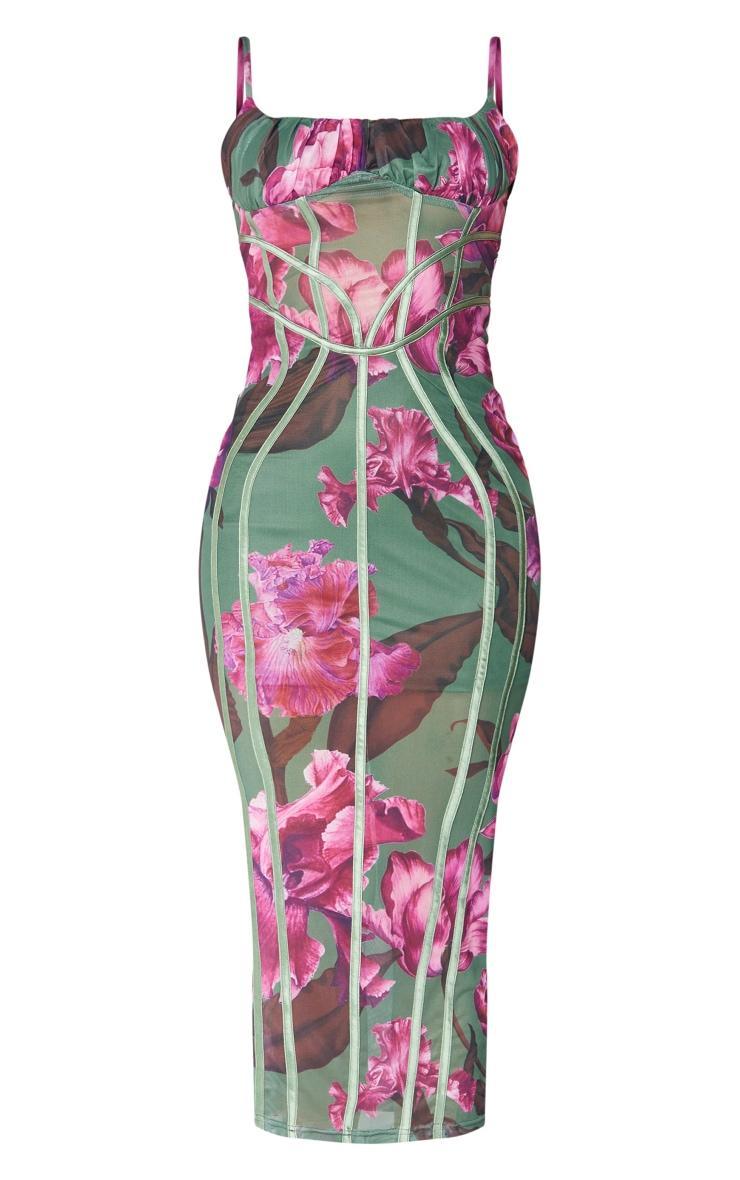 Green Floral Print Mesh Binding Detail Midaxi Dress Product Image