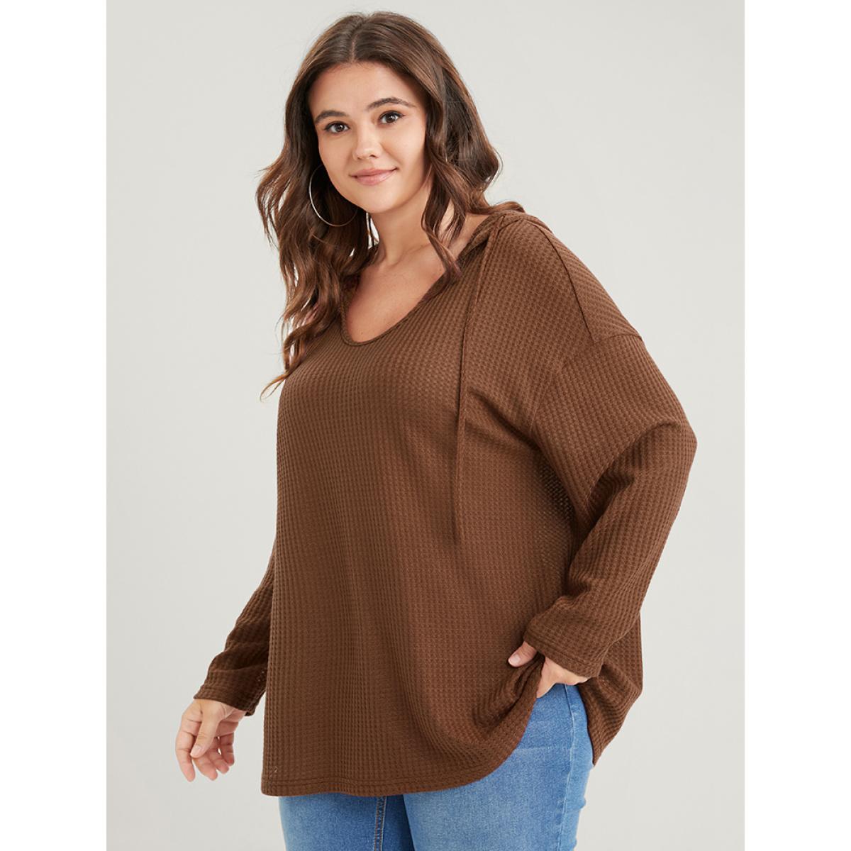 Plus Size Plain Ties Waffle Knit Hooded Sweatshirt Women Chocolate Casual Plain Hooded Dailywear Sweatshirts BloomChic 30/6X Product Image