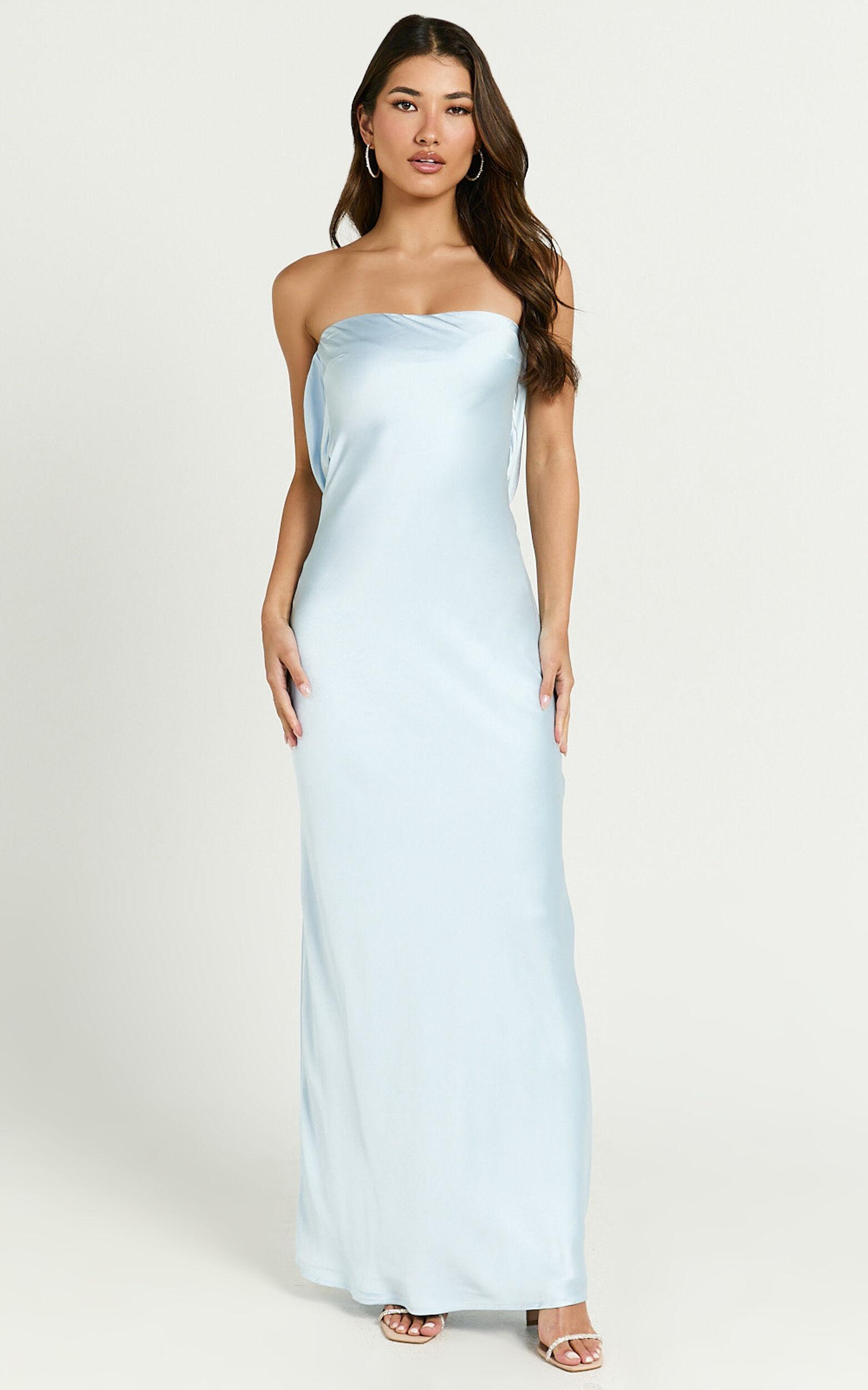 Charlita Maxi Dress - Strapless Cowl Back Satin Dress in Light Blue Product Image