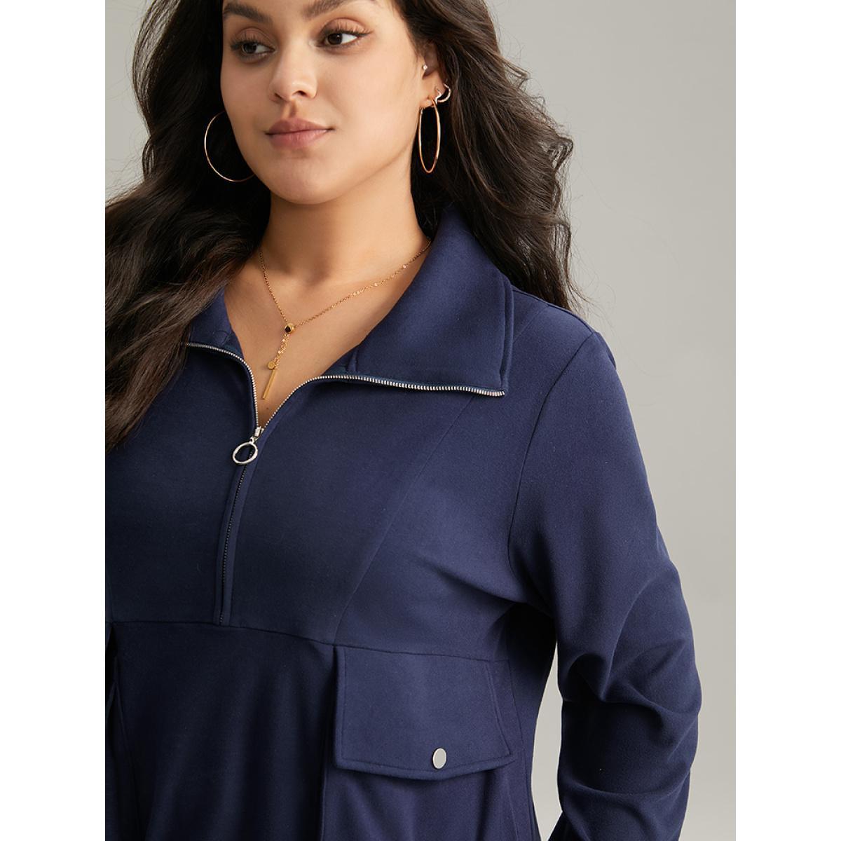 Plus Size Solid Flap Pocket Half Zip Sweatshirt Women Blue Casual Plain Lapel Collar Dailywear Sweatshirts BloomChic 30/6X Product Image