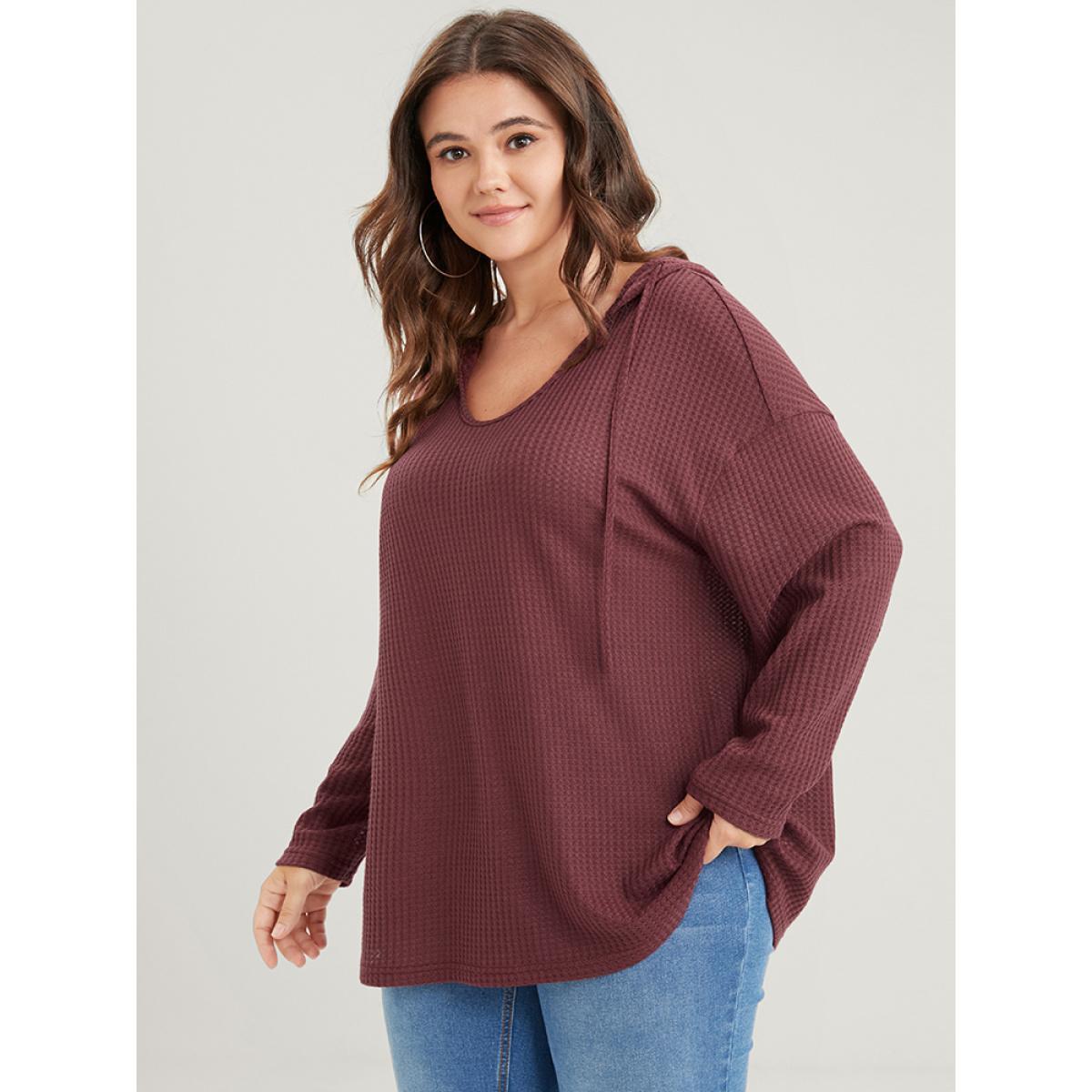 Plus Size Plain Ties Waffle Knit Hooded Sweatshirt Women Scarlet Casual Plain Hooded Dailywear Sweatshirts BloomChic 12/L Product Image