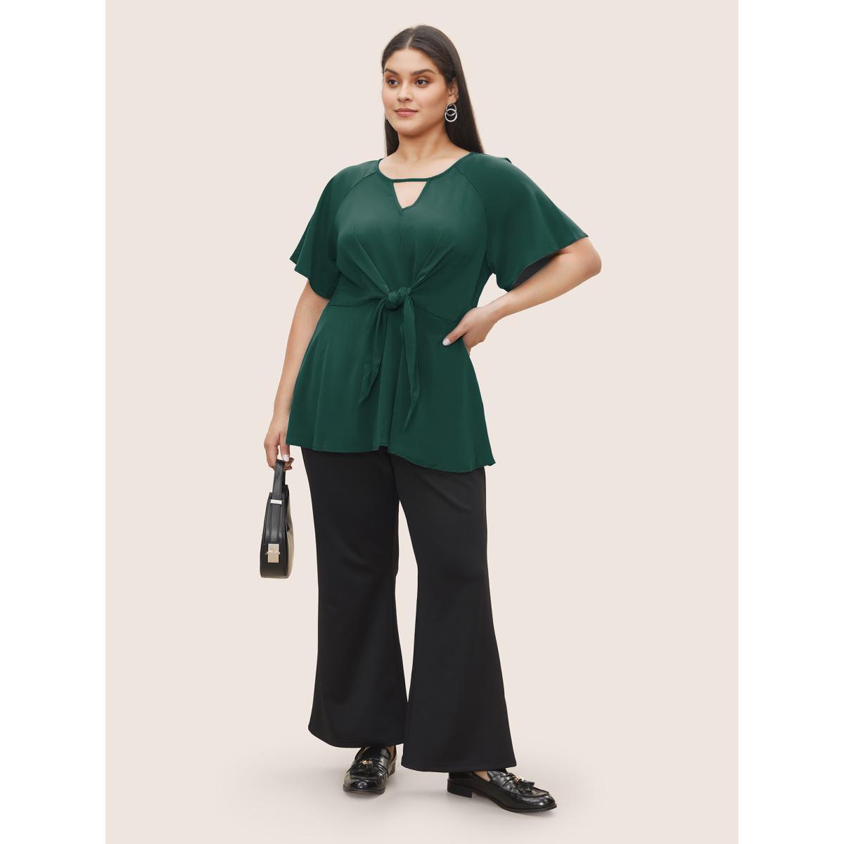 Plus Size DarkGreen Plain Keyhole Knotted Front Ruffle Sleeve Blouse Women Work From Home Short sleeve Round Neck Work Blouses BloomChic 14-16/1X Product Image