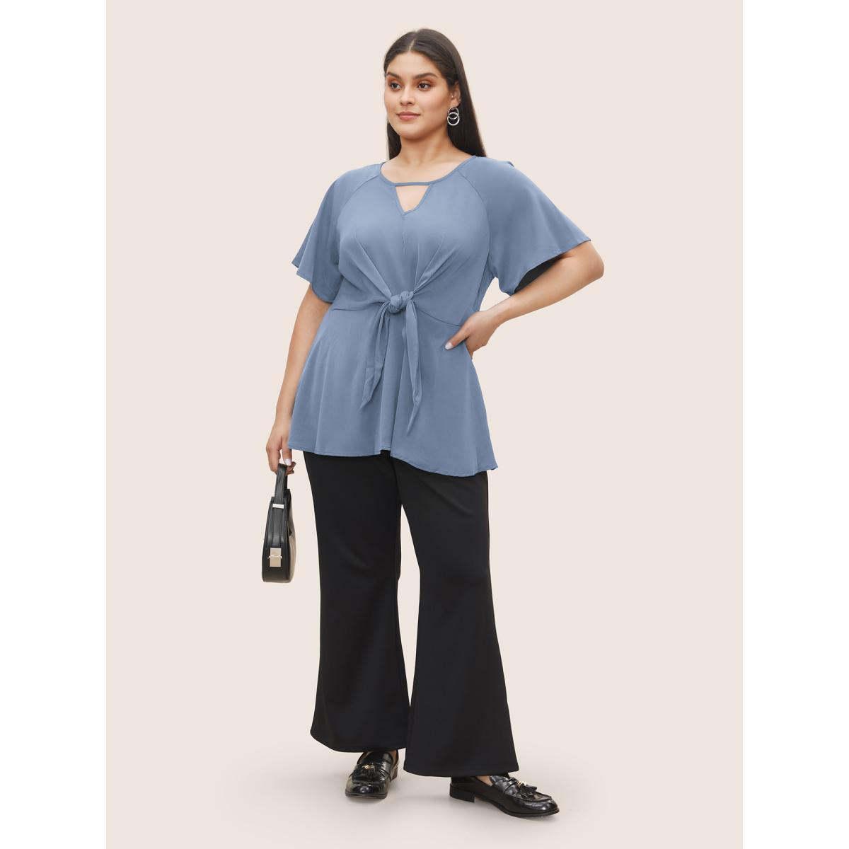 Plus Size Pink Plain Keyhole Knotted Front Ruffle Sleeve Blouse Women Work From Home Short sleeve Round Neck Work Blouses BloomChic 12/L Product Image