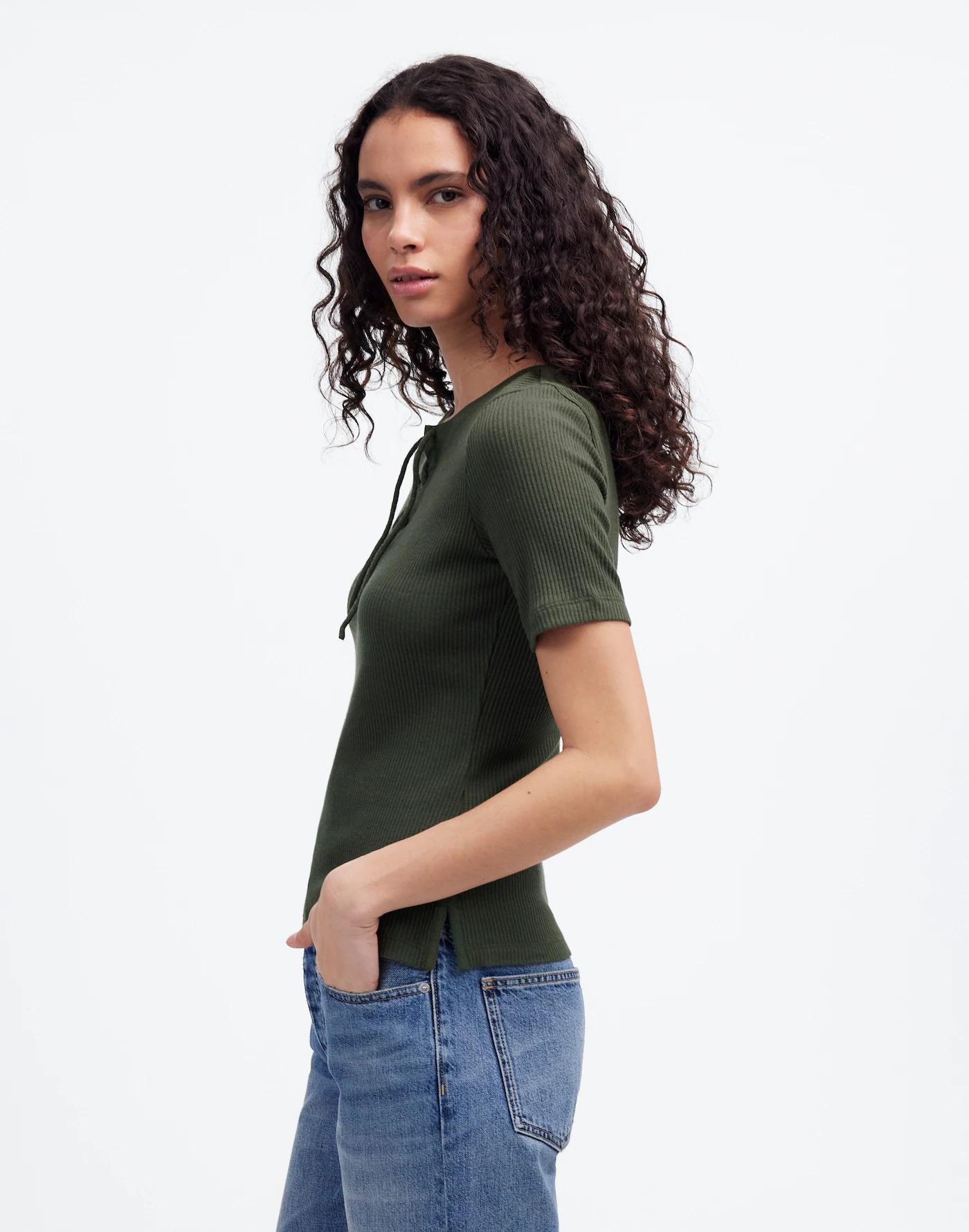 Ribbed Lace-Up Short-Sleeve Tee Product Image
