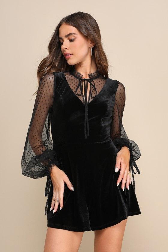 Completely Charismatic Black Velvet Mesh Swiss Dot Romper Product Image