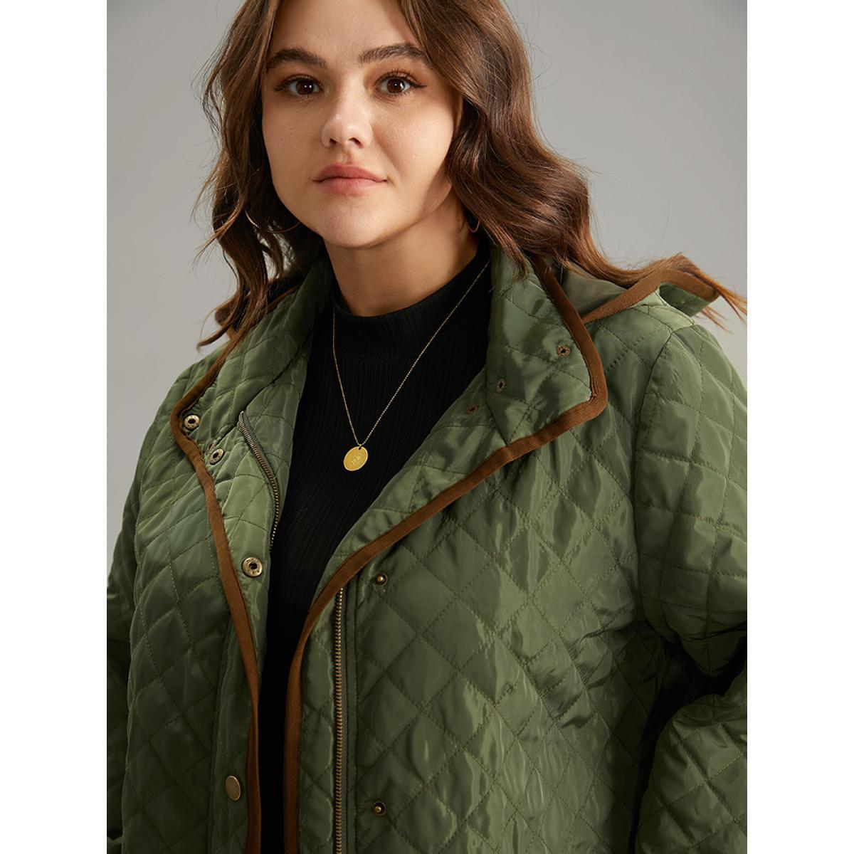 Plus Size Contrast Zipper Hooded Quilted Padded Coat Women ArmyGreen Casual Contrast Ladies Dailywear Winter Coats BloomChic 10/M Product Image