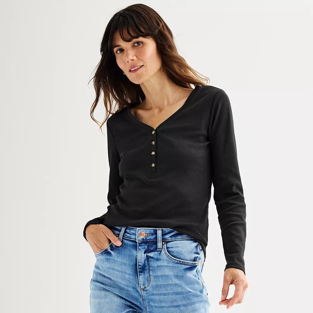 Women's Sonoma Goods For Life® Rib Long Sleeve Henley, Size: Medium, Peanut White Product Image