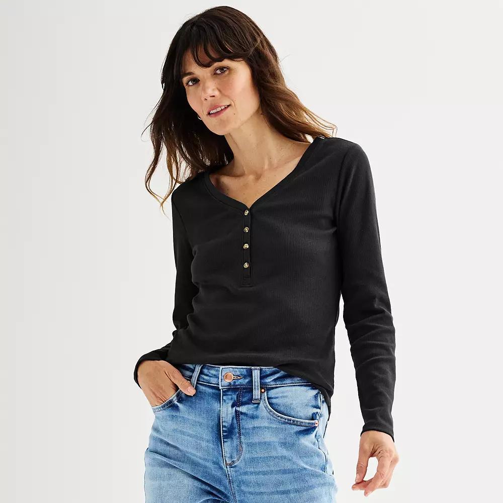Women's Sonoma Goods For Life® Rib Long Sleeve Henley, Size: Medium, Peanut White Product Image