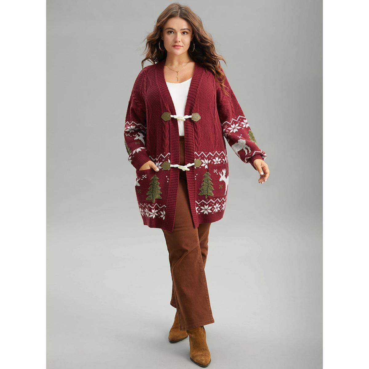 Plus Size Christmas Duffle Button Cable Knit Pocket Cardigan Scarlet Women Casual Loose Long Sleeve Festival-Halloween Cardigans BloomChic 12/L Product Image