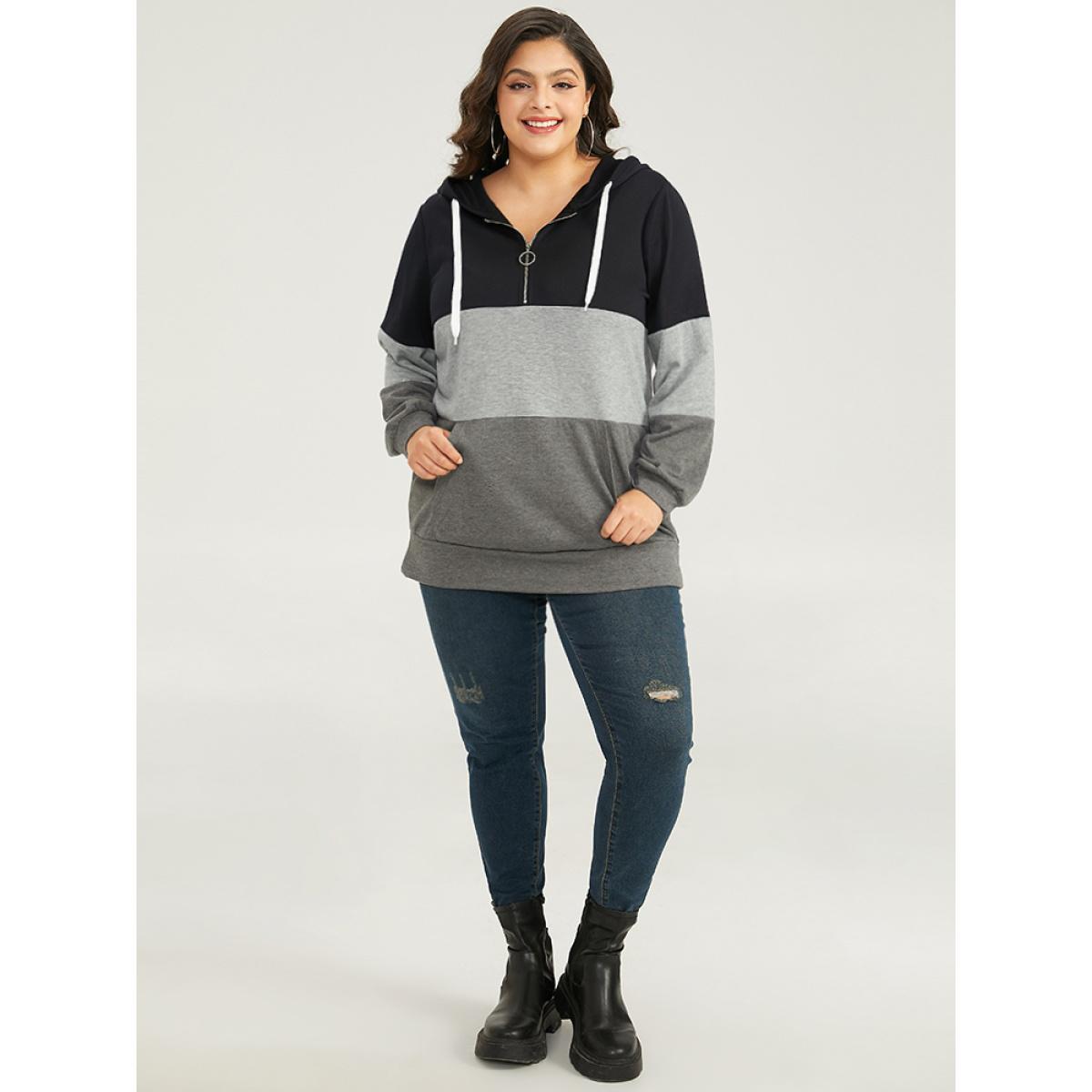 Plus Size Colorblock Contrast Half Zip Hooded Sweatshirt Women DimGray Casual Elastic cuffs Hooded Dailywear Sweatshirts BloomChic 26/4X Product Image