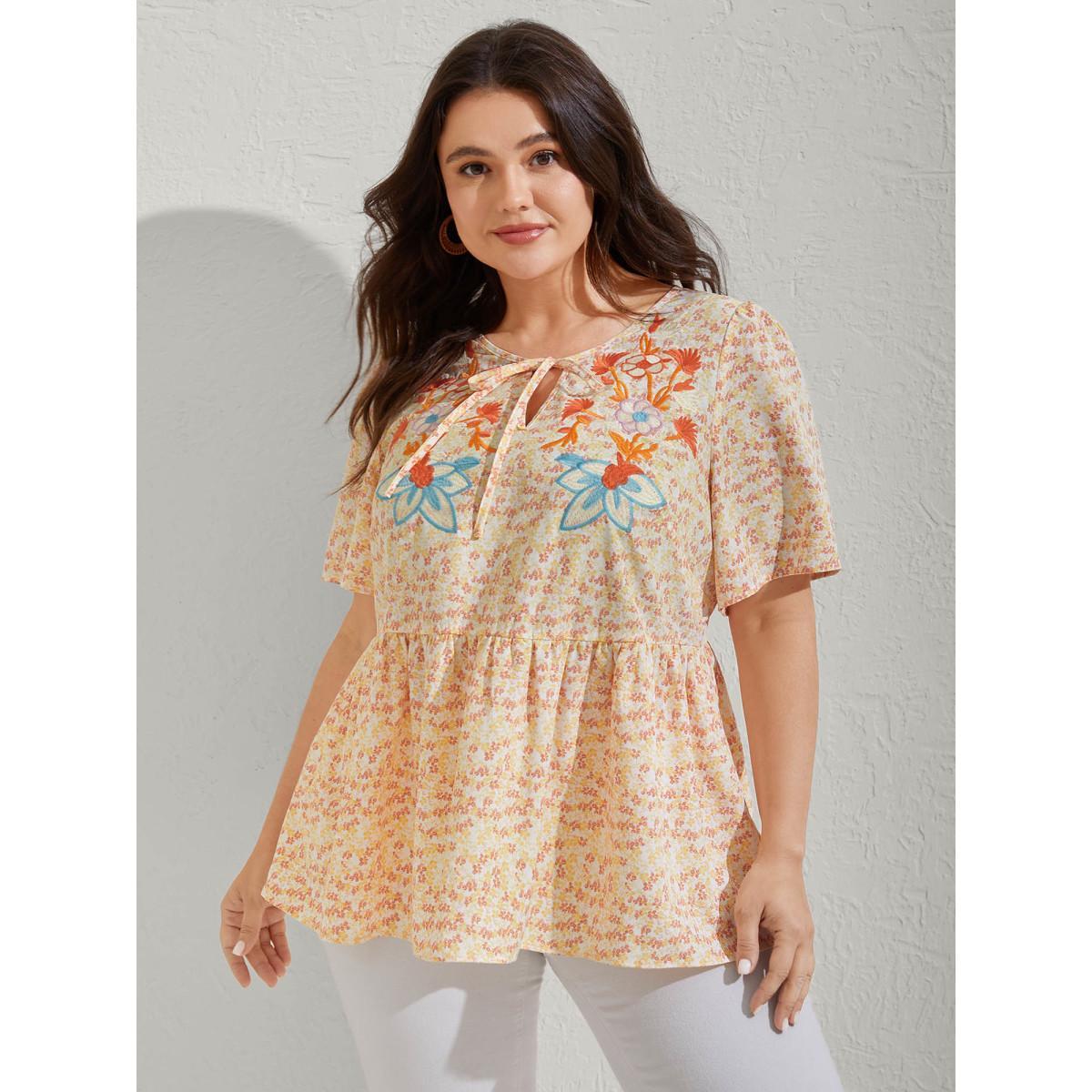 Plus Size Lightyellow Floral Embroidery Neck Tie Blouse Women Half Sleeve V-neck Vacation Blouses BloomChic 10/M Product Image
